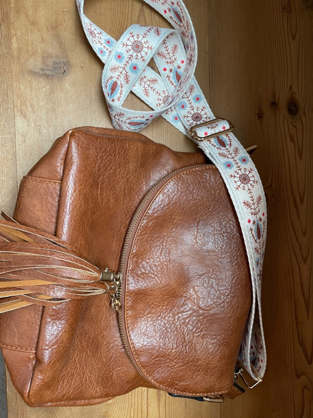 Tan Leather Crossbody Bag with Embroidered Strap